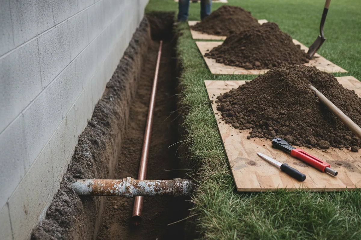 Excavated water line trench during Sewer Line Repair in Ovalo